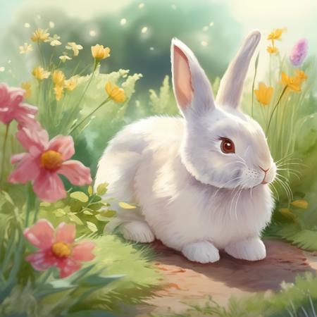 Cuddly Rabbit, Windy Weather, Garden Landscape, Spring Morning, Warm Mood , KidsRedmAF, <lora:StorybookUnboundRedmond-KidsRedmAF:1>