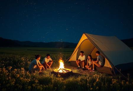 Several young Taiwanese men and women camped on a summer night in a campsite next to a vast sea of ​​rapeseed flowers. They gathered outside a large tent and chatted around the campfire, with many fireflies flying in the night sky.
FHD, Rich in details, masterpiece.