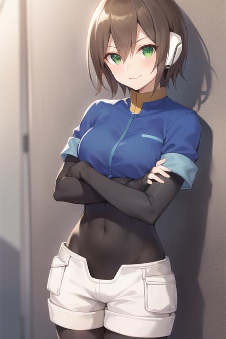 aile_megamanzx, leaning against a wall or object with arms crossed, 1girl, solo, short hair, brown hair, short sleeves, bodysuit, robot ears, green eyes, shorts, short sleeves, short over long sleeves, smile, masterpiece, high quality, <lora:Aile_MegaMan_ZX-03:0.7>