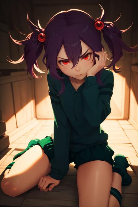 spid3r twintails, hair bobbles, green sweater, green shorts, green boots