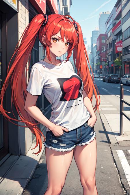 masterpiece, best quality, absurdres, 1girl, solo, OsanaNajimi, twintails, t-shirt, denim shorts, standing, outdoors, city, hands in pockets, <lora:OsanaNajimi:1>