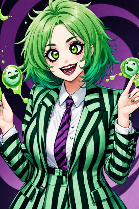 Beetlejuice Slime Tutorial,  1girl,  black eyes,  green hair,  female focus,  large breasts,  formal,  suit,  striped suit,  open mouth,  solo,  teeth, <lora:EMS-61574-EMS:0.400000>