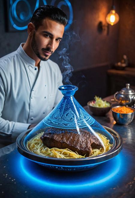masterpiece, best quality, absurdres, Ultra-HD, 8K cinematic, award-winning photography, professional studio lighting, hyperrealistic, photorealistic, sharp focus, detailed bokeh, very aesthetic, stunning composition, vibrant and rich colors, dramatic lighting, subtle atmospheric perspective,
Lucifer007, male, Moroccan male model, sharp, confident gaze, his hand gently resting on the transparent tagine's base, cybernetic implants subtly visible on his arm, a slight smirk of contemplation,
transparent glass tagine, subtle glowing blue energy lines on its base, cool blue glow from its base, bioluminescent steak, iridescent cyber-noodles, faint electric mist subtly swirling within the closed container,
hyper-detailed cyberpunk kitchen, sleek metallic countertops, background filled with blurred holographic recipe projections, neon lights reflecting on surfaces, a sense of cutting-edge culinary innovation.
Tagine, aidmaimageupgrader
