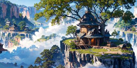 (masterpiece:1.2), best quality,fantasy,
(a huge old tree on the cliff:1.2),(many tree houses are on branches:1.3),sheer, majestic cliffs,rough stone,it was thrilling,dramatic light,fog and mist,
 <lora:UE_20230717224732-000003:0.6>