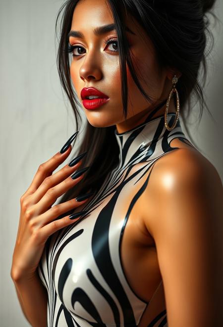 1girl, Beautyful, buxom, Latina, 26 years old, shining skin, perfect quality, high quality, 
ambient occlusion, raytracing, source_anime, shining glossy skin, close up woman in a black and white striped bodysuit, zebra op art, long black stiletto nails, trending on artstation op art, fullbody art, fullbody painting, like artgerm, zentai suit, illusion psychedelic art, an optical illusion drawing, surreal drawing, optical illusion art, illusion surreal art, art on instagram, Byron Galvez
.score_9, score_8_up, score_7_up,score_6_up, rating_safe