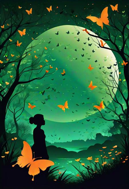High contrast silhouette vector art, (Noir art style:1.3), Green and orange color scheme, (Moonlit night:1.2), Sweeping light rays forming a floral pattern, (Butterflies in flight:1.2), Kids playing innocently in the distance, (Enchanting scene:1.2), Atmospheric depth, Mysterious ambiance.