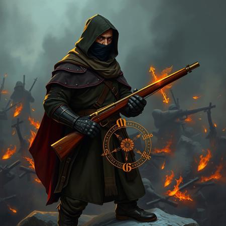 A 25 years old man wearing world war one and medieval style uniform with dark colors, and holding a musket. Standing on a rock in a battlefield, full of bodyes smoke and fire. The man wearing a hood and a fabric gambison armor, and he has a medieval gauntlet on hand. He also has a black bandada covering his face. Only simple and fuctional gear. Eyes glowing trough the eyeslot of the helmet.There is magic around the man, glowing golden runic letters and magical symbols revolving around the caracter and his musket. Acranic, lights in the air and magic happening. Every peace Hand drawn , semi realistic style painting. Full body, long shot, full body in frame.