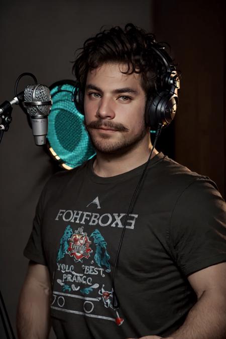 Dewey Finn,  (masterpiece,  best quality,  ultra-detailed,  highres), male focus,  facial hair,  1boy, ((solo focus)),  male focus,  facial hair,  solo,  shirt,  microphone,  headphones,  black shirt,  beard,  meme,  upper body,  looking at viewer,  microphone stand,  black hair,  t-shirt,  mustache,  short sleeves,  :),  official art,  masterpiece,  extreme light and shadow,  rim lighting,  film quality, <lora:EMS-47352-EMS:1.000000>