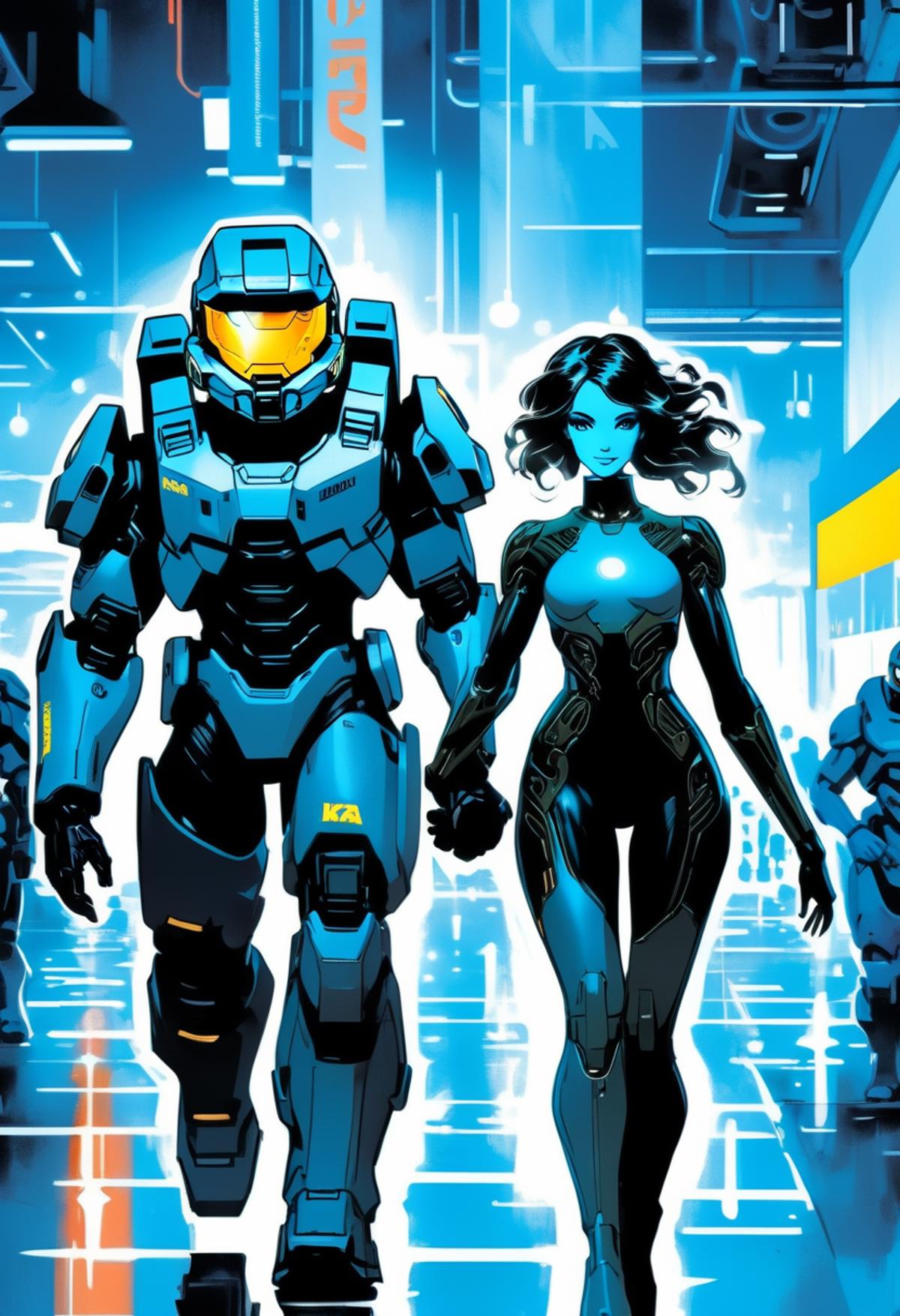 A man and a woman in futuristic armor walking together in a corridor.