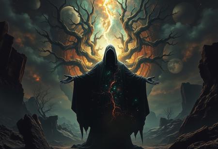 A universe inside a dark cloaked figure within mysterious landscape in an unfathomable realm of fantastic creation inhabited by ancient shadows of a forgotten time beyond the gate of the gateless gate where life is limitless, light is shadow and shadow is light, eerie sense, horror, spark of the beginning, existence and nonexistence at once, ethereal, outstretched arms, behold the end of the beginning, inglorious glory to the dark one, betrayal of the ancient order, beware the 7headed beast, destroyer of the old ways, bearer of the unbearable, nightmarish, archaic runes, tree aging backwards, breath of the gods, ruins of a place unimagined, extreme intricate detail, photorealistic, beyond epic scene, fate discarded, unseeable face of god, the end is the beginning, the beginning is the end, man arises as god dies, as above so below, as below so above, emerald tablet, thoth, guardian and saboteur of existence, hopeless hope, ghosts of the unborn, conception of the inconceivable, cosmic well of imperceptible perception, evil aura, infinite emptiness, pillars of void, overwhelming subtlety, abstract sacred geometry, beams of readiness without intention, gift of doom, despair of the ages, hidden secret warnings from dead gods, hand carved by the conductor of unholy loneliness with the sands of time incarnate