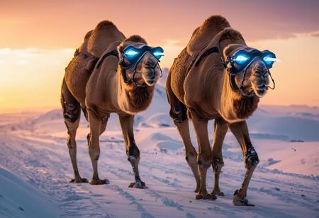 best quality, professional, 8k, sharp focus, gigantic camel with sci-fi augmentation, cyberpunk implants, prosthetic legs, mechanical neck, mask, electronic gaggles, heavily augmented, protective field, aura, running fast, in motion,  in arctic wasteland, snowy dunes, frozen muzzle, big eyes, sunset, aurora, clear, frosty