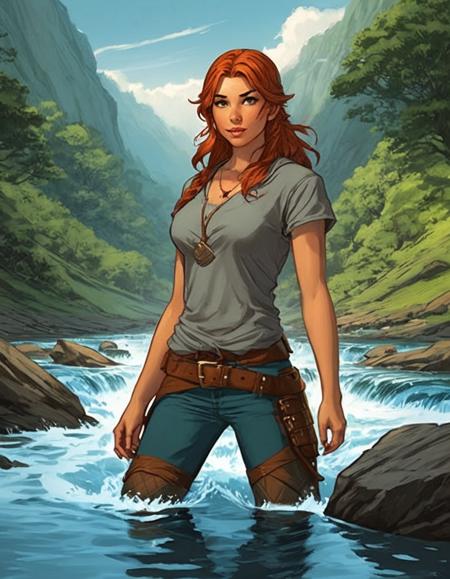 Collage style <lora:CivitAI_ALL:1> CivitAI Fusion Style,a woman in a tshirt standing in a river, by Tyler Edlin, from pathfinder, from dungeons  dragons, inspired by Noah Bradley, fantasy graphic novel style, charlie bowater and mark brooks, aloy, julie dillon, by Noah Bradley, l critical role, charlie bowater character art, phil noto and rebecca guay, martin ansin . Mixed media, layered, textural, detailed, artistic