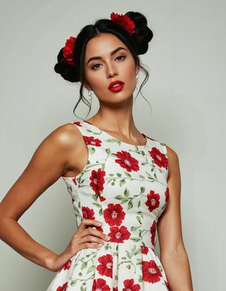 A photo-realistic shoot from a portrait camera angle about a young woman with a playful expression, wearing a white floral print dress with red flowers, standing in the middle of the image. the woman, who appears to be 20 years old, has fair skin, green eyes, and black hair styled in a messy bun, and is wearing red lipstick. she has a slender physique and is looking directly at the viewer with a neutral expression. her body is slim, and she is wearing a sleeveless white dress with a red flower pattern and a frilly hem, along with a pair of earrings. her arms are adorned with intricate tattoos, adding to her playful and edgy aesthetic. the background is a plain, light-colored wall with a white bedspread, creating a simple yet elegant setting.