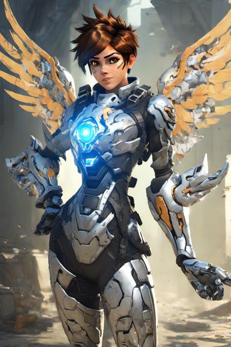 PETracerOW,<lora:PE_TracerOverWatch:1>,
portrait of tracer,freckles,outfit,
wearing mecha combat armor,cyborg,full body,futuristic armor,metallic wings