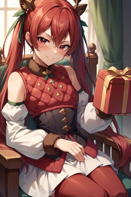 defSevera, red hair, red eyes, twintails, shoulder armor, brown dress, short dress, brown sleeves, detached sleeves, belt, black leggings, armored boots  defSelena, red hair, red eyes, twintails, hair ribbon, armor, brown vest, white sleeves, brown gloves, white skirt, pantyhose sprSevera, red hair, red eyes, twintails, fake rabbit ears, hair flower, yellow leotard, playboy bunny, black sleeves, cleavage, white gloves, maroon pantyhose winSelena, red hair, red eyes, twintails, fake antlers, fake animal ears, fur choker, red vest, corset, puffy detached sleeves, white skirt, red thighhighs