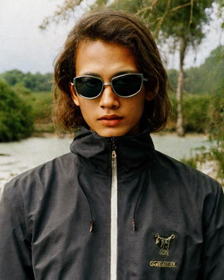 ,black jacket,sunglasses, detailed face, masterpiece,gorpcore,80mm f/11 on kodak ektachrome e100, soft focus, film grain, muted colors,swamp,jungle,,psychedelic,  <lora:gorpcoreLORA:1>