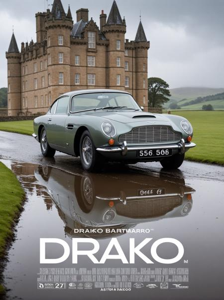 (movie poster with title and text graphics:1.3) (under the title banner text logo "D\R\A\K\O":1.5),, Front view wide angle of Aston Martin DB5 1964 in front of a scottish castle by Bruno Barbey,Rain,Highlights,Puddle,,