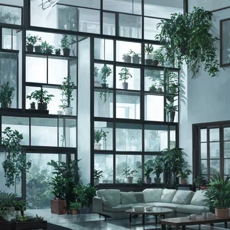 modern living room, rainy evening outside, plants, large plants