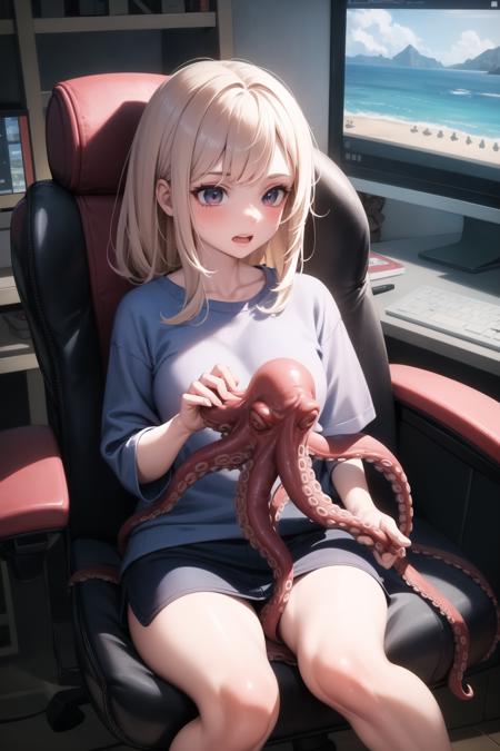 <lora:octopus_v0.5:1>
1girl, octopus, animal, gaming chair, screen, on lap, cephalopod eyes,, masterpiece, best quality, highly detailed