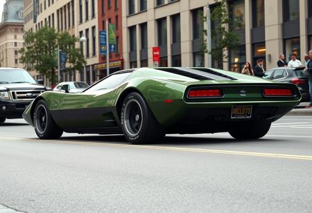 Concept super car, (1970's wedge car design, green paint), city street