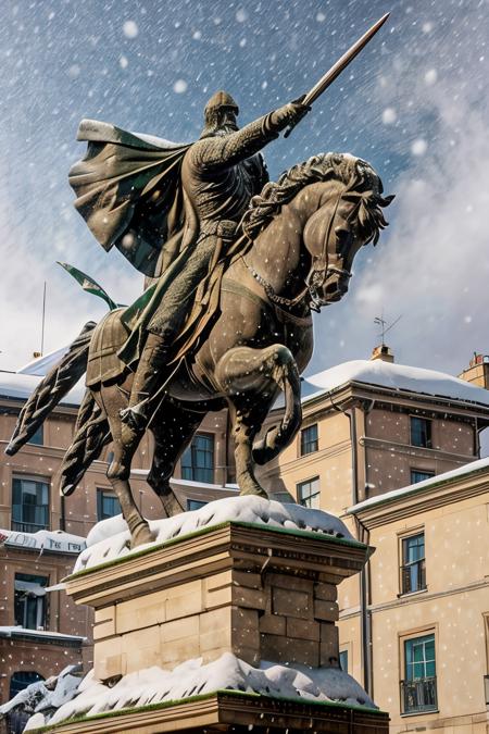 cid statue ,  sword in hand <lora:El cid:0.67>   four paws , snow in the  background ,horse in rampant motion , snowing hard