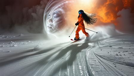 Panorama, long-haired brunette on a snowboard, alabaster skin broken by crystalline strands of sugar, swirling ink-coloured chaos, orange ski suit against liquid shine.
Mist clings to her silhouette, creating the most amazing surreal patterns that look like something from another planet!