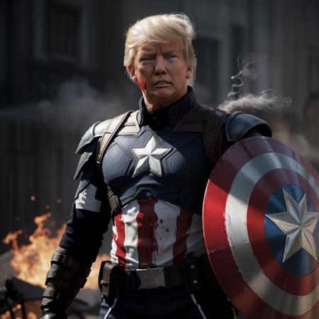 1man, <lora:D.Trump_v1:0.6>,highly detailed, 8k, sharp, professional, clear, high contrast, high saturated, Donald Trump, captain america, armor, army, (strong),looking at viewer, steely eyes, (abstract art:1.4), bleeding color, visually stunning, beautiful, evocative, emotional, (blood:1.2), (holding a shield), ruins, smoke,(masterpiece), (best quality),science fiction, fire, war, conflict,, New York, Manhattan bursting street,black_background