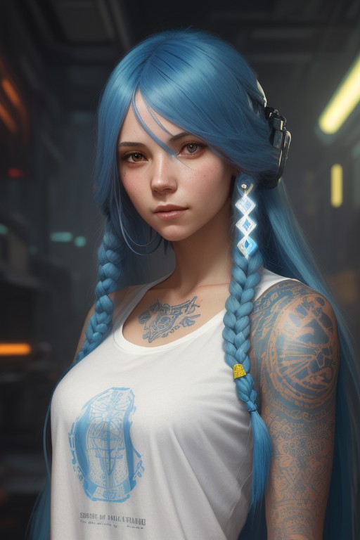 Cover, painting of a girl with long blue hair in a white t-shirt on one side of a tattooed cyberpunk space with details, l...