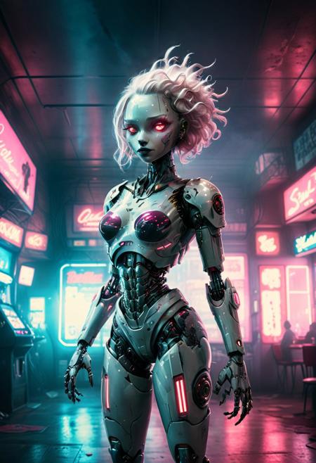 A dark mood real life like portrait inspired by the photography of Simon Bray, Michael Fiukowski, Markus Hofstatter, and Wes Anderson, featuring a robot in the style of Tales from the Loop. The scene is set in a cyberpunk strip club with neon signs, pubs, and arcade machines in the background. The robot has four arms, a faceplate, and translucent parts with a glowing inner power core. The atmosphere is filled with atmospheric haze, backlighting, and dramatic lighting to create a cinematic and epic atmosphere. The image captures the essence and sensuality of a cyberpunk strip club, with film grain, Zenit Helios, Petzval lens, swirly bokeh, shallow depth of field, rimlight, backlighting, smoke and fog, raylights, and a 1990s vintage RAW photo aesthetic.,zavy-cbrpnk