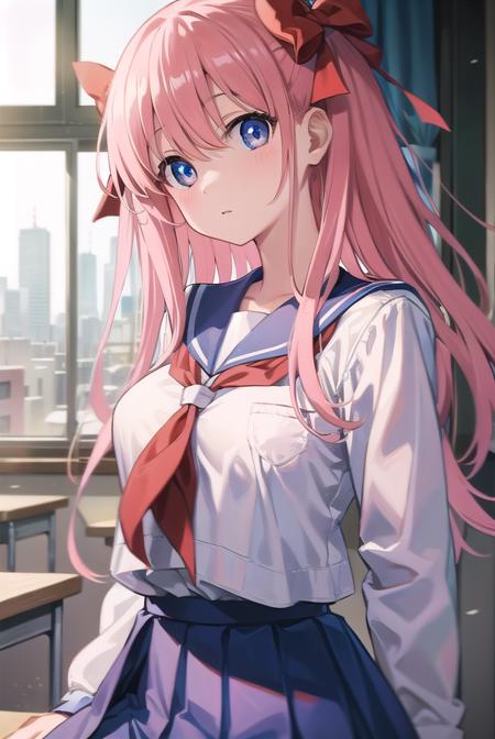 nodokaharamura, <lora:nodokaharamurapruned:1>,
nodoka haramura, blue eyes, hair bow, long hair, pink hair, bow,
BREAK blue skirt, kiyosumi school uniform, pleated skirt, school uniform, serafuku, skirt,
BREAK looking at viewer,
BREAK indoors, classroom,
BREAK <lora:GoodHands-vanilla:1>, (masterpiece:1.2), best quality, high resolution, unity 8k wallpaper, (illustration:0.8), (beautiful detailed eyes:1.6), extremely detailed face, perfect lighting, extremely detailed CG, (perfect hands, perfect anatomy),