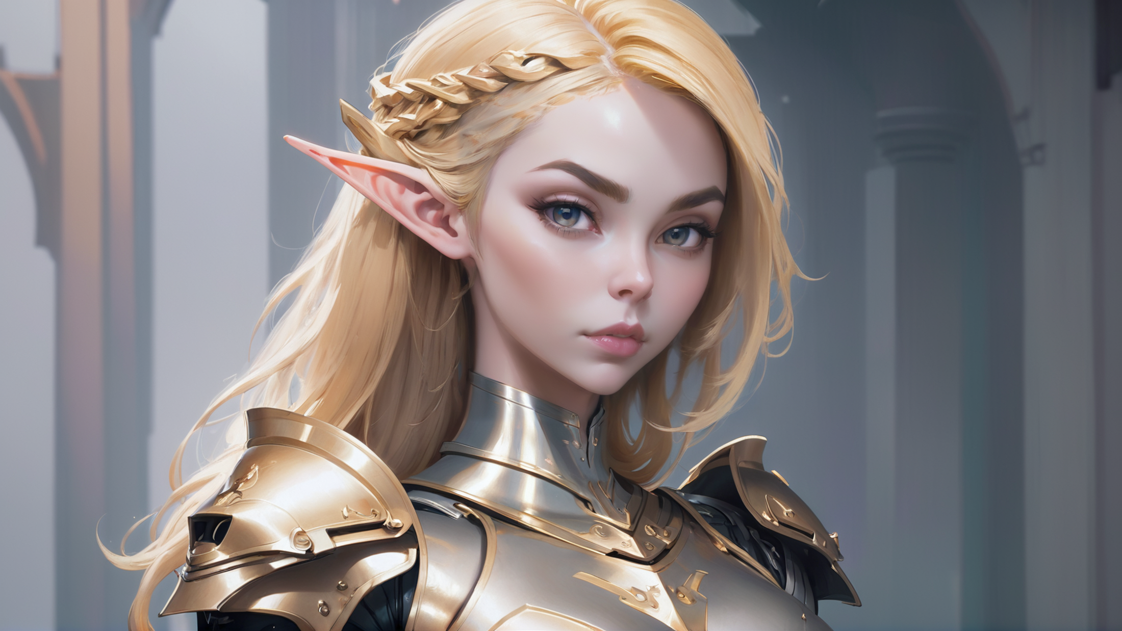 digital painting, 1girl, woman, elf antipaladin villainess, (armor:1.3), pauldrons, bombshell hair, gold hair, Flipped In ...
