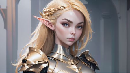 digital painting, 1girl, woman, elf antipaladin villainess, (armor:1.3), pauldrons, bombshell hair, gold hair, Flipped In Hair,multcolored hair, slim figure, narrow waist, tight ass, medium breasts, caucasian<lora:EnvyBeautyXL06:1>