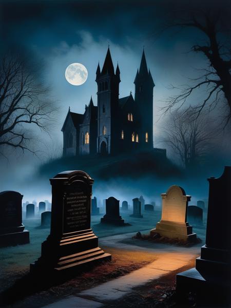 <lora:09WatercolorPainting_Hap_XL:1.6>,Winslow Homer style, watercolor painting, watercolor, oil painting,watercolor oil painting, A dark, gothic horror landscape at night, with a full moon casting a pale light over a decrepit cemetery, (in the foreground a dead man mutilated rises from his grave:1.8). Sinister, glowing flora lines the old tombstones, and shadows move subtly as if haunted. The air is thick with a mysterious fog, and (ghostly apparitions can be seen in the distance:1.4), creating a chilling and ominous environment, a dark old castle on the background, (bats:0.5), ghosts . High detailed cinematic photo, breathtaking, dark shot, bokeh, photorealistic,