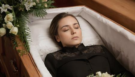 stunning raw photograph, studio photograph, dslr, uhd, shot with Canon, solo, realistic, perfect face, woman lying in wooden coffin, eyes closed, black clothing, flowers, quiet dignity, detailed background, funeral parlor  <lora:womanincoffinxl-000008:0.9>