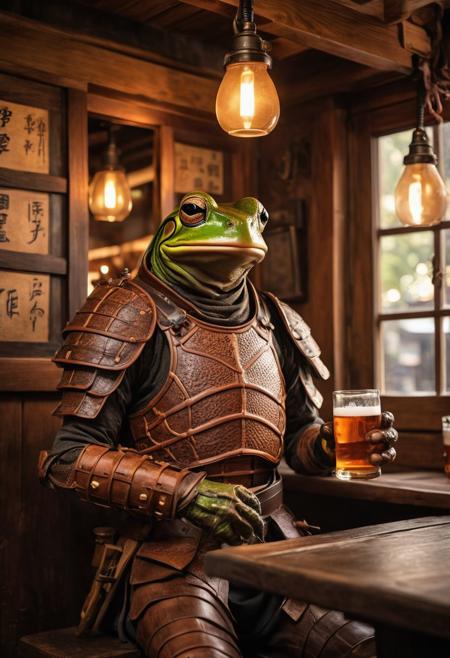 fantasy anthropomorphic a (japanese-brown-tree-frog) (warrior: 1.19) (leather armor) in dark japanese-tavern holding a pint of ale in a cozy environment with gas lamps oriental japanese-woodworking warm brick fireplace and (paper windows) (japanese-style-architecture)