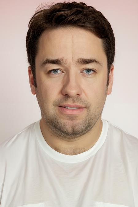 headshot of jason manford, plain bright pastel background, white shirt  <lora:JasonManfordLora:1>