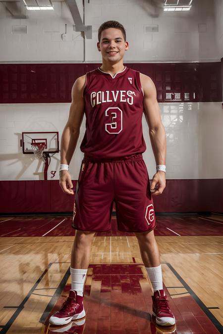 basketball gym, high ceiling, hardwood floor, basketball court, CFBrent, basketballplayer, basketball uniform, (garnet red jersey:1.4) with gray trim, (garnet red shorts:1.4) with gray trim, dynamic movement, ball, white socks, sneakers, smiling, masterpiece, (((full body portrait))), full body shot, wide angle   <lora:Clothing - Sexy Basketball Player:0.5>   <lora:CFBrent:0.8>