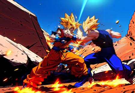 <lora:fight_scene:0.6> fight scene dynamic pose, motion blur, emphasis line, sparks, plasma, aura, night scene, ((punching))  <lora:son_goku:1> <lora:dbz_vegeta:1>