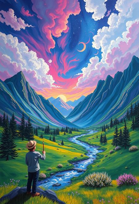 A painter uses his magic paintbrush to create the most vivid and beautiful landscape that comes to life and begins to enter his world. Stunning colors and magnificent landscapes all created by the painter and his magic paintbrush.