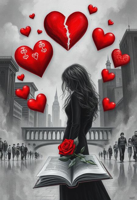 surreal emotional scene, woman in black, cracked red heart, floating hearts, grayscale cityscape, symbolic love and sorrow, open book and rose, selective red color, moody atmosphere, introspective tone, surreal background, emotional contrast, artistic symbolism, dramatic lighting,  varnish, surreal reflection, urban charm, ghost-like, gravity-defying architecture, intricate patterns, fantastical imagery, bold patterns,pencil shading, bending space