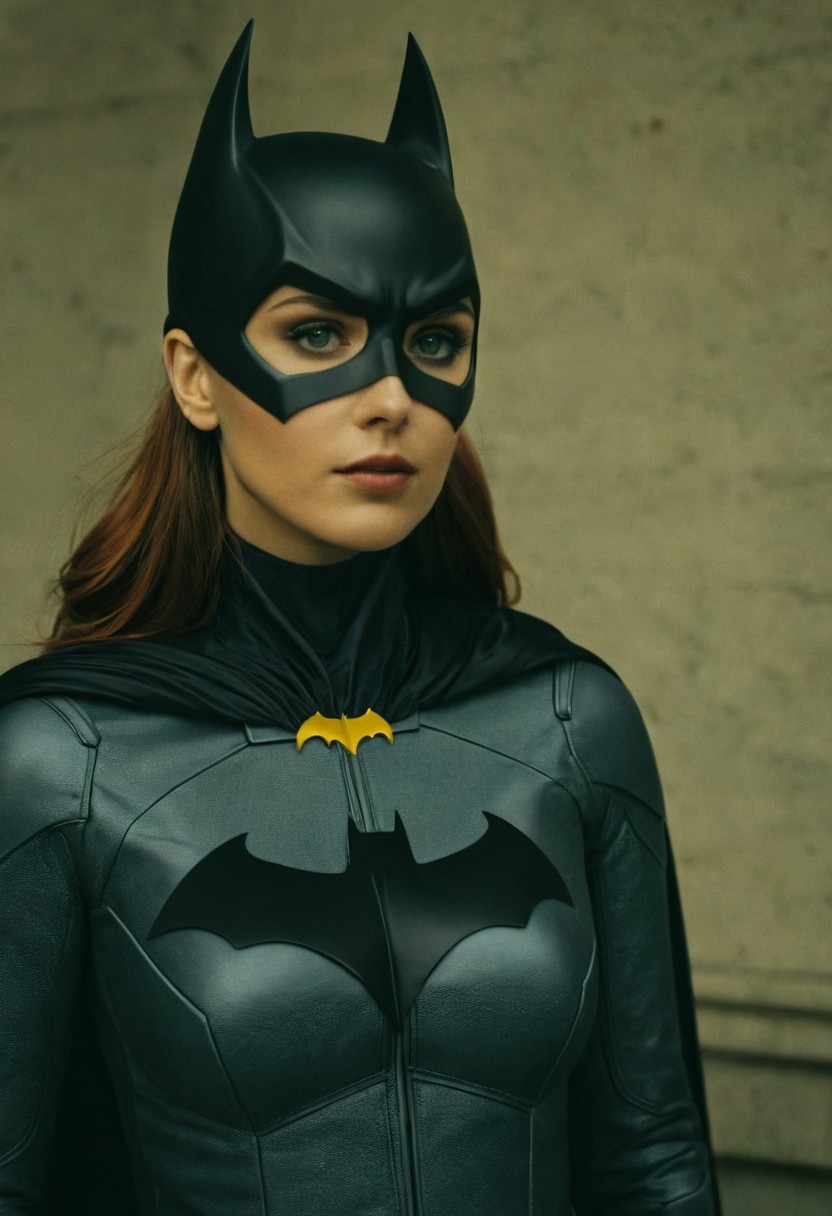 (Cinematic Film stock footage style) in (arri alexa style) (Kodak film print style),
<lora:Batgirl:1>
Batgirl a woman in a Batgirl costume with a bat mask