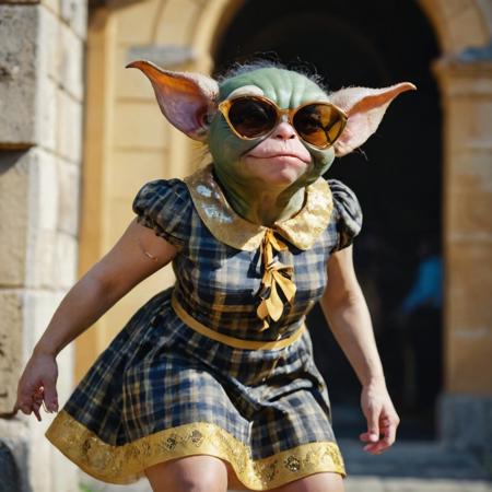 upper body shot of a Deteriorating thicc Sephardic (Female Gremlin:1.2) with Jelly skin, wearing Midi dress and pumps with argyle details, Black and Gold Sunglasses, Smoky Conditions, Romantic, Direct light, Agfacolor, dynamic composition, Ribbons, (art by Goro Fujita:0.8) , action