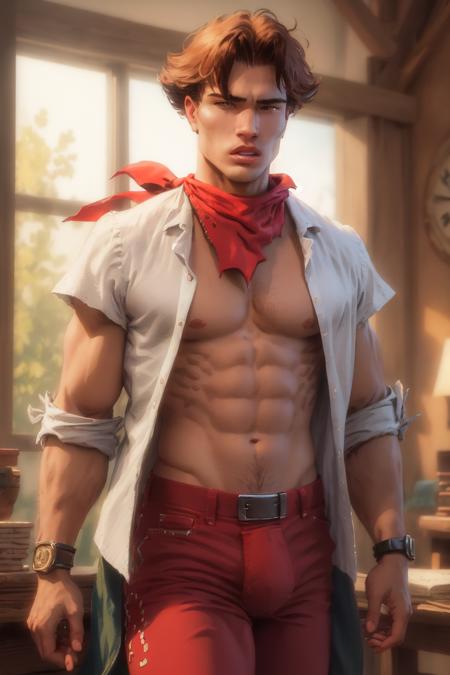 ((best quality)), ((masterpiece)), (detailed),(high-resolution:1.2),
1man, Lanfeust, white open shirt, red bandana, red pant