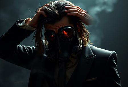 "Create a hyper-realistic, micro-detailed image in the style of horror, featuring a person in a dark suit and gas mask, depicted in a distraught state with their hands in their hair, also incorporate elements of dark-matter from Gi Joe and Apex Legends. The image should be in 16k resolution, utilizing dramatic lighting and the golden ratio, aiming for an elite and ornate aesthetic. This piece should aim to trend on ArtStation and Behance, embodying the quality of Weta Digital and the style of artists such as Zdzisław Beksiński, Adam Solondz, and Dragana Bibin."