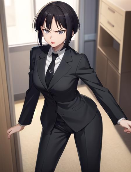 best quality, masterpiece, highres, detailed, digital artwork, <lora:Detail - add_detail:0.2>, AmamiyaRON, grey eyes, lipstick, short hair, formal, tie, black jacket, serious, black pants <lora:Character - AmamiyaRON:0.8>, detective agency, office,