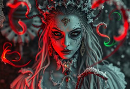 “A hyperrealistic depiction of an ice princess with an eerie ambiance, wearing heavy gothic makeup, set in a rotten and decayed world. The scene is intricate with frost-covered elements, blending a fantasy horror concept with a dark fairytale wonderland background. Red and acid green color twirls swirl through the scene, adding an ominous and sinister touch. The white and gold color palette contrasts sharply with decayed, rotting surroundings and the red and green accents, creating a haunting atmosphere. The image uses a 12mm lens effect to enhance depth and distortion, with sharp contrasts, deep shadows, and an ultra-detailed photorealistic style. The ice princess appears both enchanting and terrifying, emanating mesmerizing visual storytelling in a chilling, frost-bitten, and decayed environment. A rotten writing in ebon wood reads ‘a buzz 4 the Queen?’.”