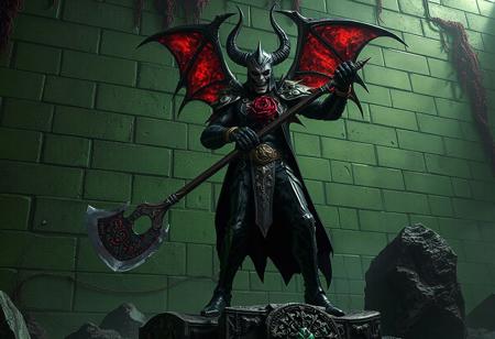 "In a detailed, high-quality image, an evil lord named Poison stands in a striking pose, armed with an Axe of Despair. He is set against a backdrop of a green wall in Infernalvania. The scene has a horror sci-fi aesthetic, with a focus on vivid colors, precise details, and a dynamic composition. This would make a stunning and captivating piece of concept art, rendered in 4K with advanced technology such as Octane Render or Unreal Engine 5, and exhibiting the style of artists like Raphael or Houdini."