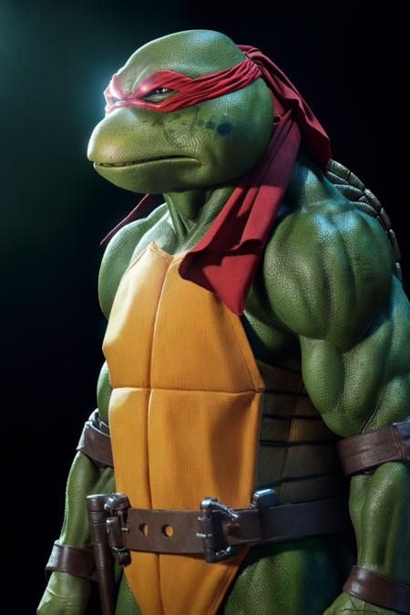 <lora:TMNTRaphael-10:0.8>(RAW photo, real life, absurdres, high quality, photorealistic, detailed, realistic:1.3), (solo:1.3), a high resolution photo of a TMNTRaphael, comic book art, illustration, a teenage mutant ninja turtle with a red bandana mask with eye-holes standing in a dark room with a light shining on him, cinematic, atmospheric, 8k, realistic lighting, shot by Hassleblad H6D, Zeiss, Kodachrome, nikon, 50mm 1.2 lens, Octane Render, ultra realistic, realistic lighting, photorealistic, photorealism, photoreal, unreal engine 5, Adobe After FX, highly detailed, intricate detail