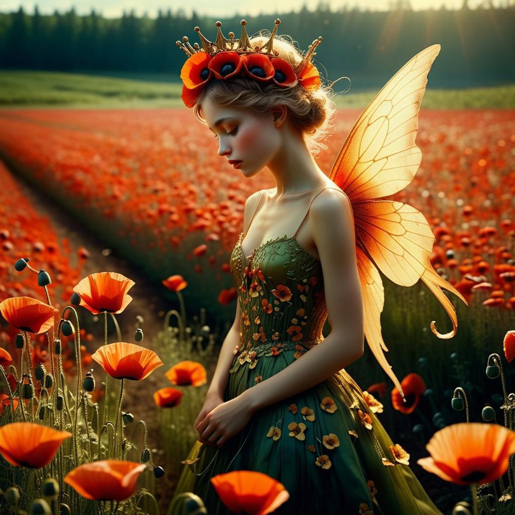 by Saul Leiter, finest art by Amandine van Ray, micro_detailed, highly detailed, superb quality, angelically fairy, detailed  winged tailed crowned, dramatic Light as the Medium, shadow hue, ethereal color palette, poppy field, photography, candid, aquatic fired, burned, dark fantasy concept art