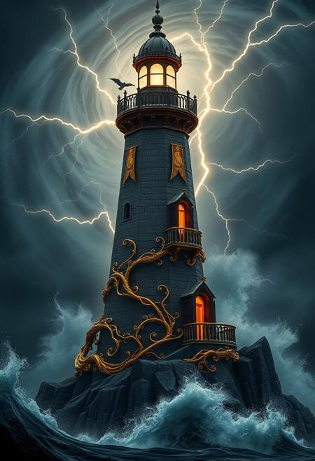 The Lighthouse of Batsun rises from a jagged cliff amid crashing waves and howling wind, its architecture an exquisite fusion of gothic towers and flowing, organic motifs. Golden filigree wraps around its base like vines, contrasting with the obsidian stone structure that seems to drink the surrounding shadows. Deep, dramatic lighting creates a chiaroscuro effect—bright edges burn against the deep twilight. A swirling storm brews behind it, casting bolts of silver lightning that momentarily silhouette its spired crown. Flowing banners and carved reliefs of mythic creatures decorate the sides, catching flickers of torchlight. The mood is solemn, powerful, and regal, captured in hyperrealistic sharpness and full cinematic scale. Every element gleams with detail—metal, water, and mist rendered in stunning 8K clarity.